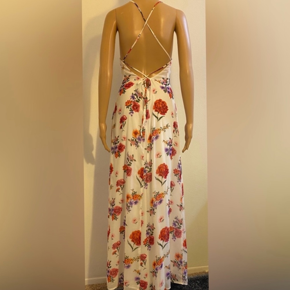 Women Forever 31 White w/ Pink & Green Flower Pattern Sleeveless Long Dress - Picture 2 of 5